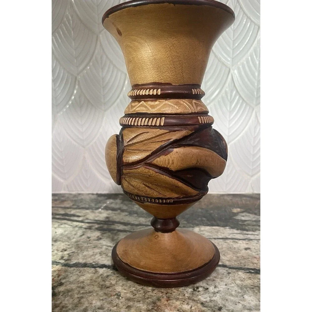 Wood Carved Vase Snake Eating Tail Design